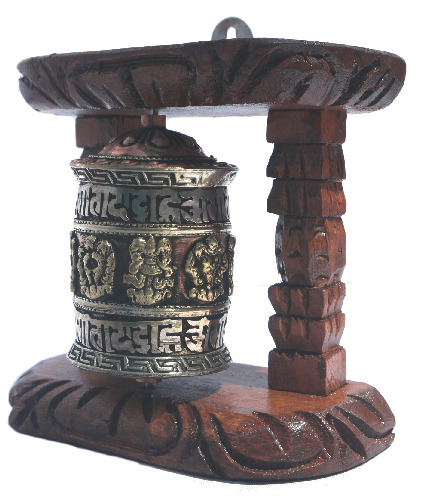 Single Prayer Wheel with Wood Frame W-0175